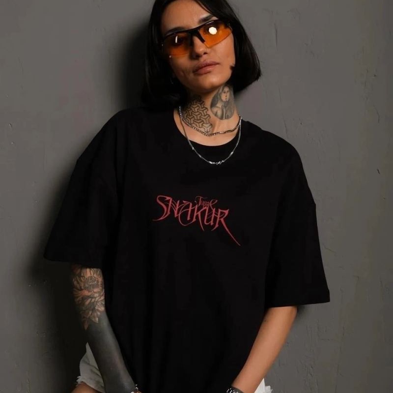 Kadın Baskılı T-Shirt Oversize Kısa kol Bisiklet yaka tişort- Siyah